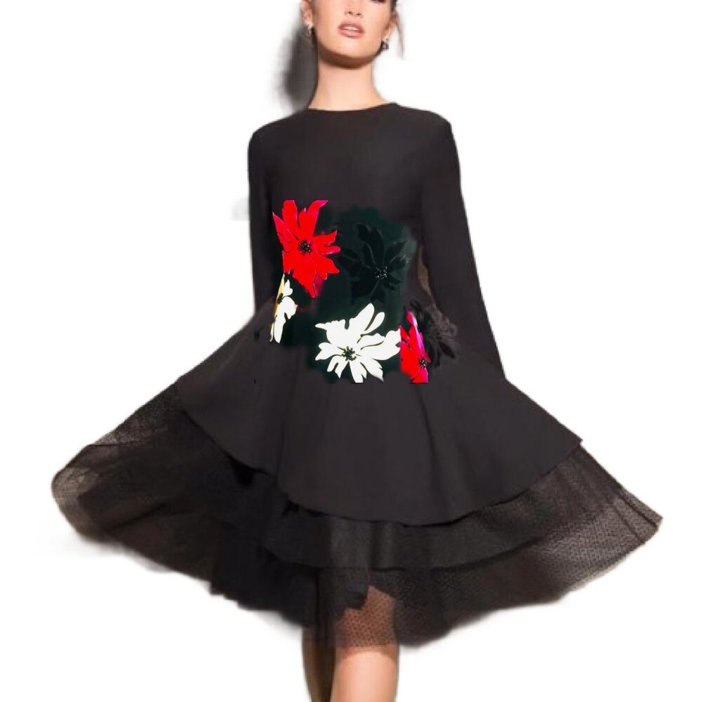 BIANCO NERO Black Fit and Flare Multi-layered Party Dress Floral Appliques Sz S
